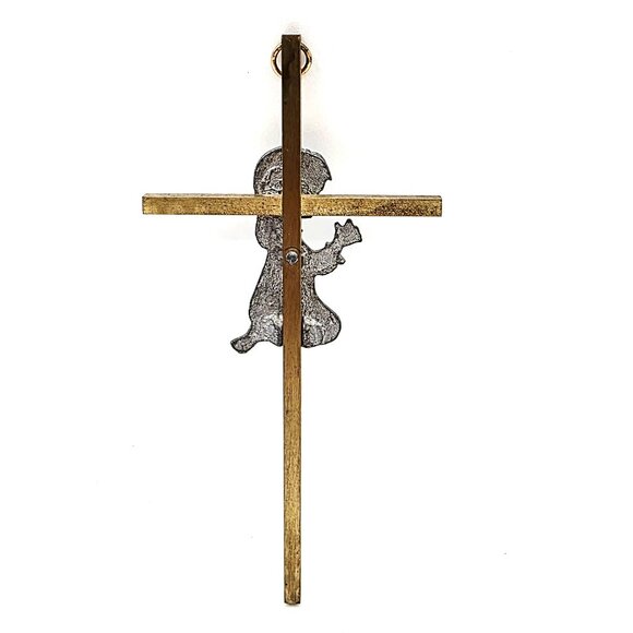 Wall Cross Crucifix with Pewter Praying Child Gold Toned Brass Baptism Gift 6 In - Picture 3 of 6
